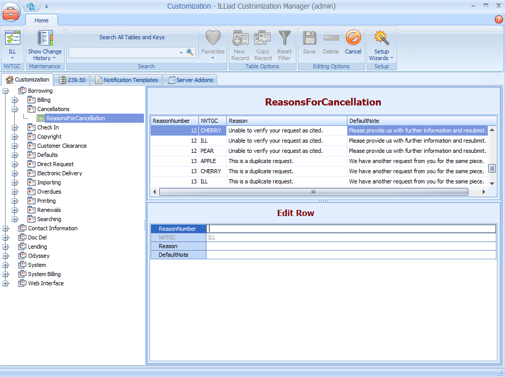 Customization Manager - ReasonsForCancellation table with Edit Row panel