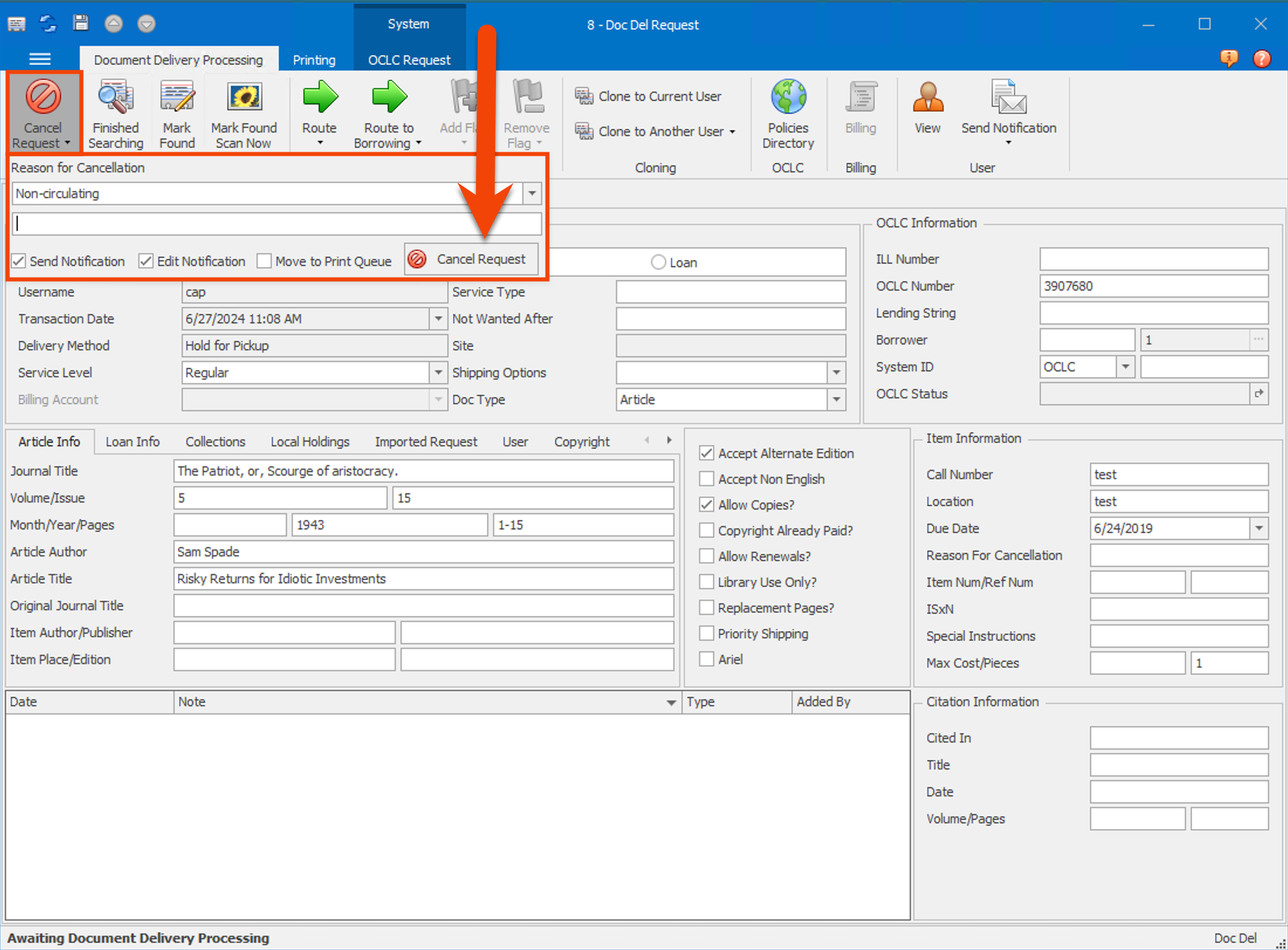 Document Delivery Request - Cancel Request button with Reason for Cancellation form