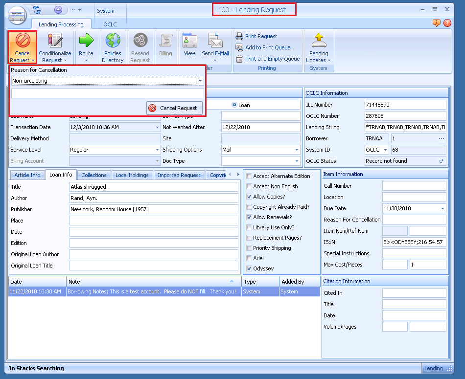 Lending Request - Cancel Request button with Reason for Cancellation form