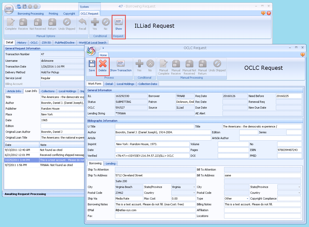 OCLC Request tab - Show Request button and Delete button highlighted