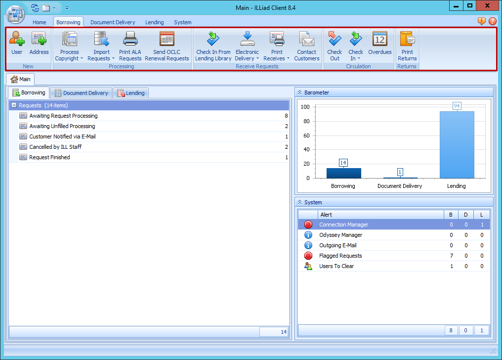 ILLiad Client - Borrowing ribbon highlighted