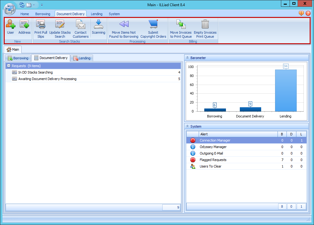 ILLiad Client - Document Delivery ribbon highlighted