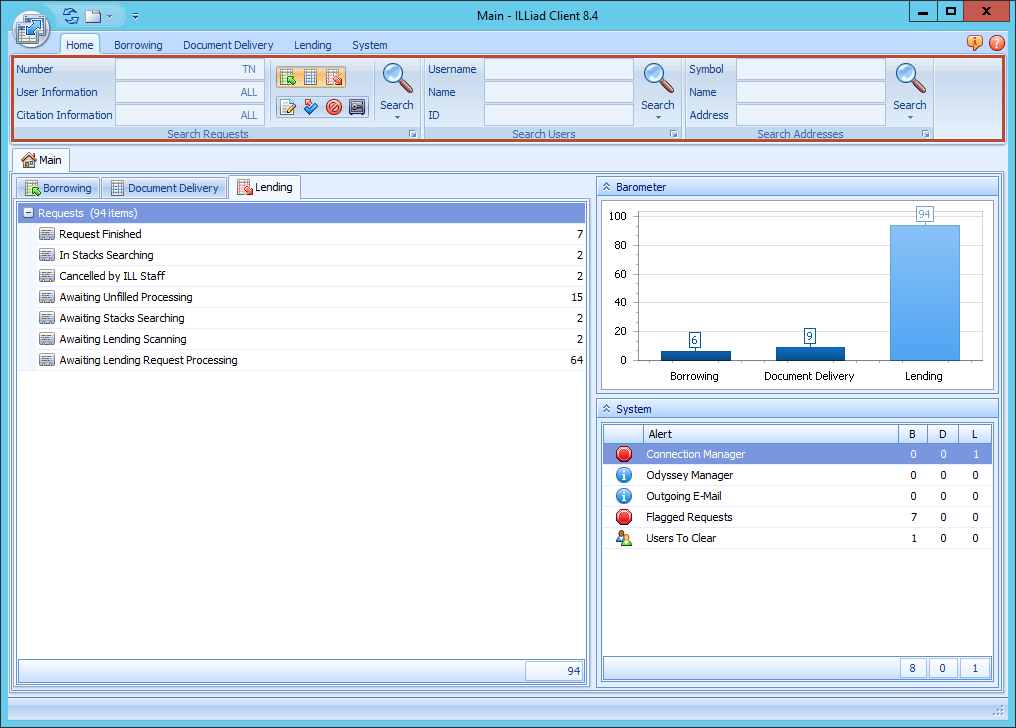 ILLiad Client - Home ribbon with search fields highlighted