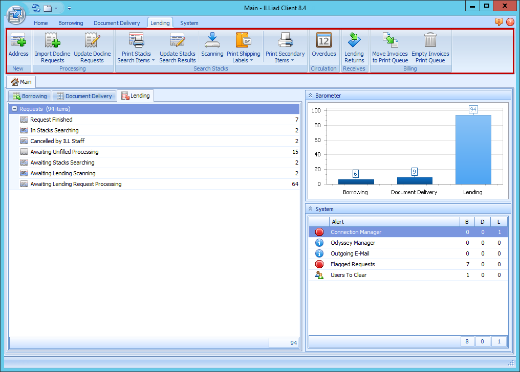 ILLiad Client - Lending ribbon highlighted