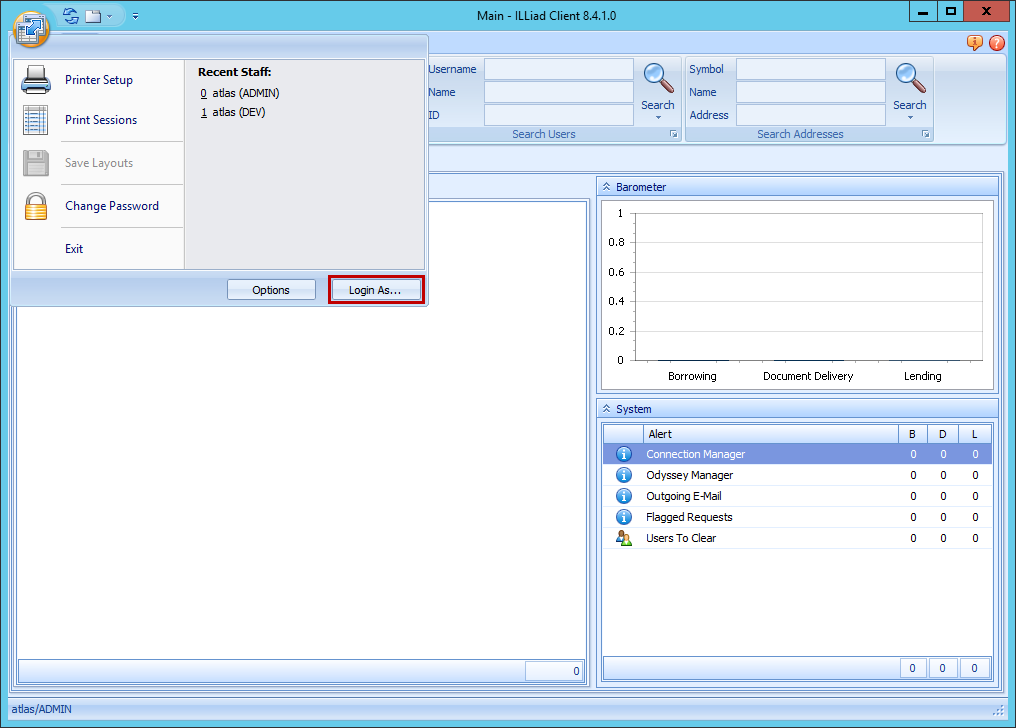 ILLiad Client - Main menu with Login As button and Recent Staff list