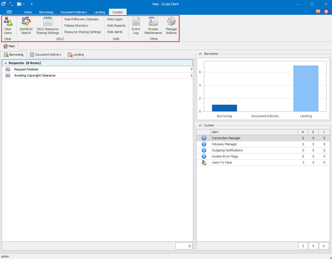 ILLiad Client - System ribbon highlighted