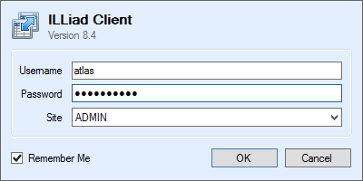 ILLiad Client login dialog with username, password, and site fields