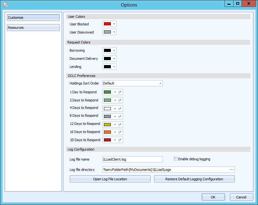 ILLiad Options - Customize tab with color settings and log configuration