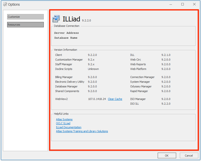 ILLiad Options - Resources tab with version information and helpful links