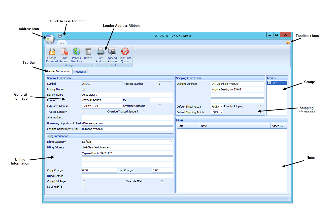 Lender Address Form - Annotated overview with labeled interface sections