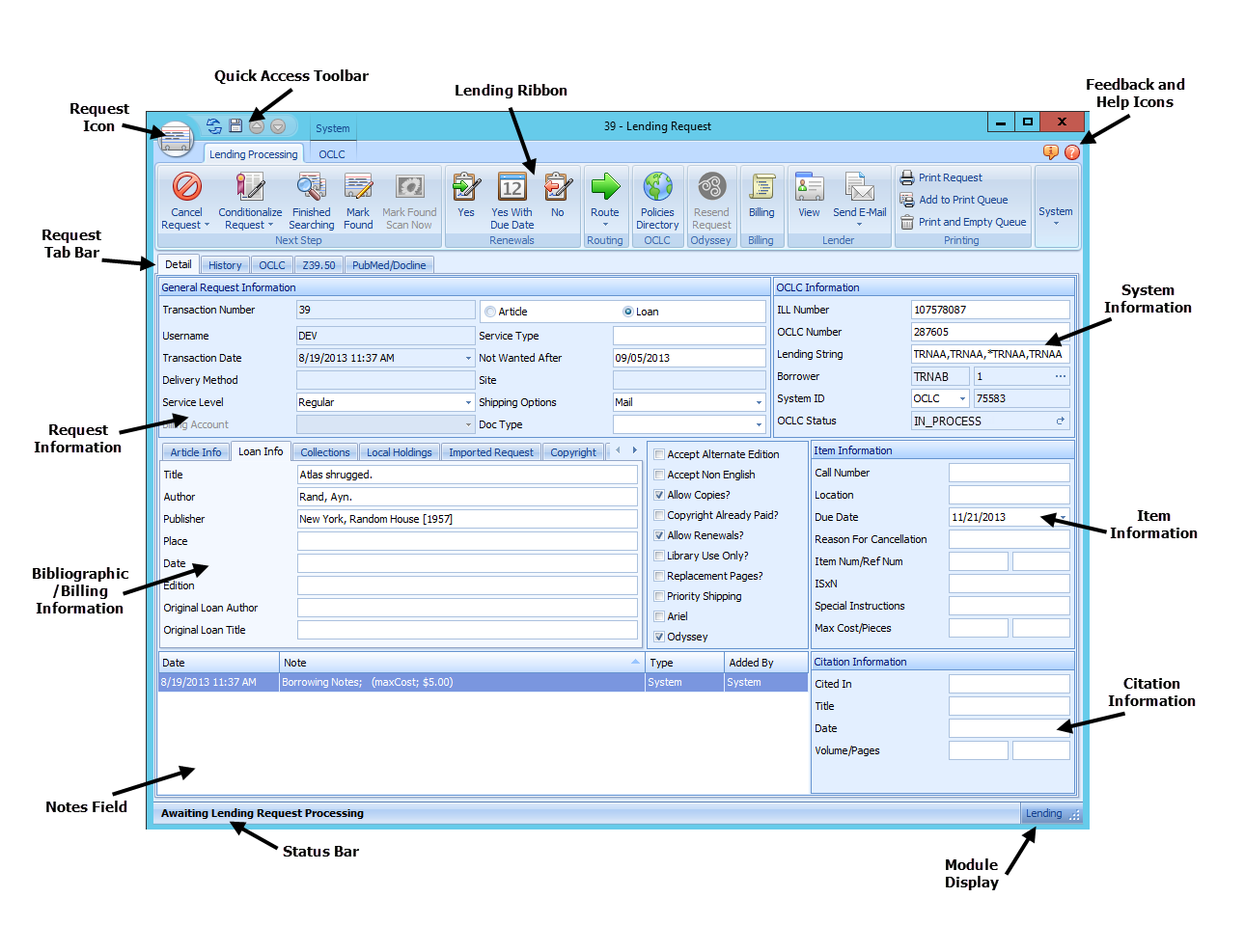 Lending Request Form - Annotated overview with labeled interface sections