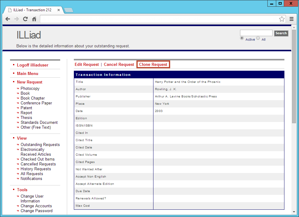 ILLiad web page - Clone Request link highlighted