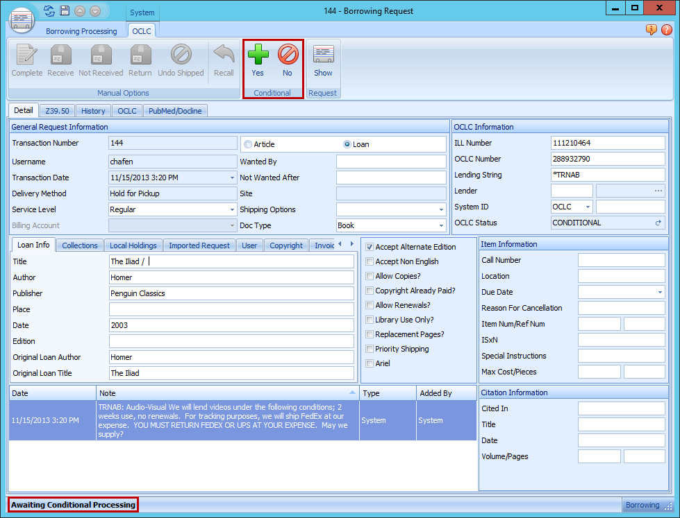 Borrowing Request form - OCLC ribbon Yes and No buttons highlighted