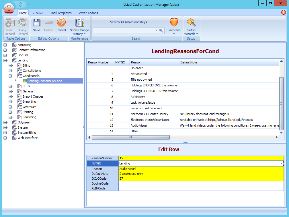 Customization Manager - LendingReasonsForCond table with Edit Row