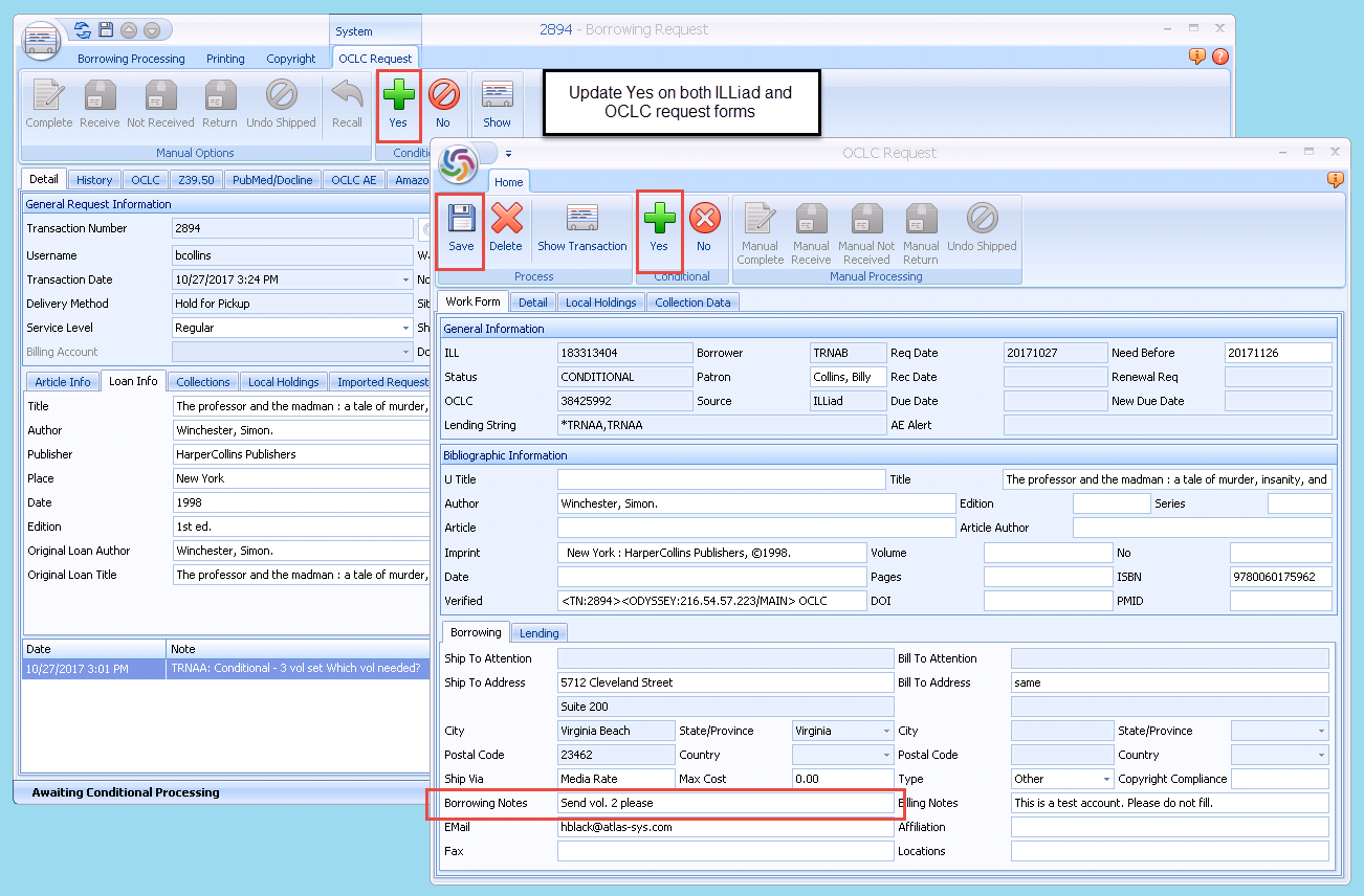 ILLiad and OCLC Request forms - Yes buttons highlighted on both