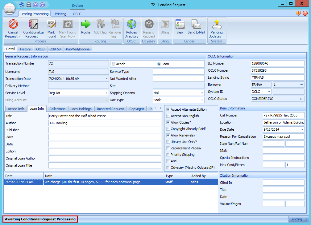 Lending Request form - Awaiting Conditional Request Processing status