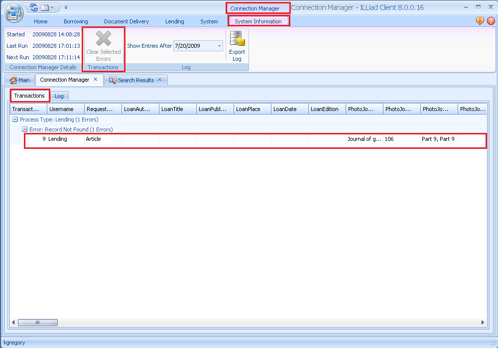 Connection Manager - Transactions tab with Clear Selected Errors highlighted