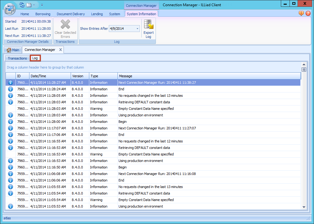 Connection Manager form - Log tab