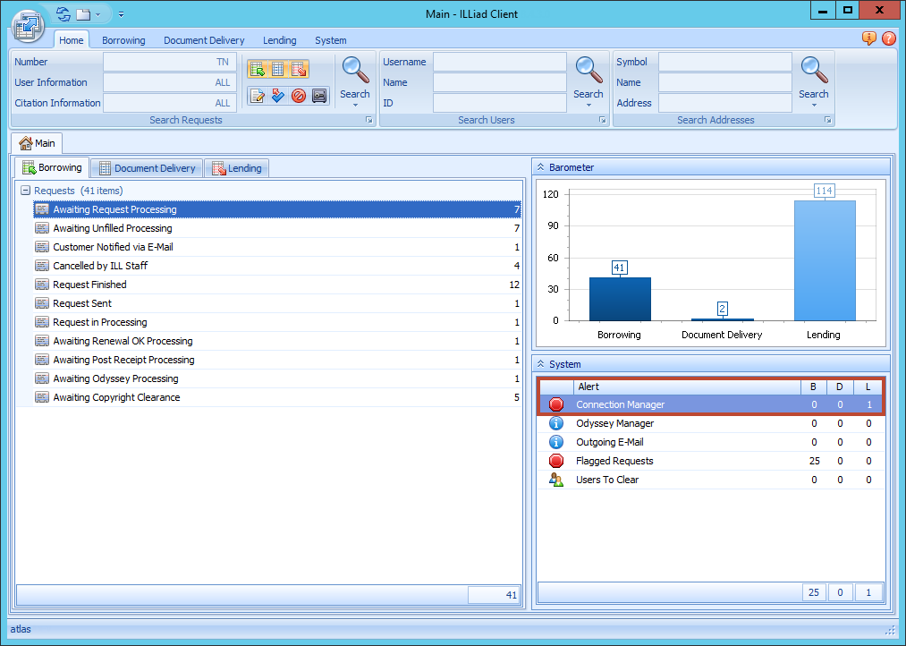 ILLiad Main Page - System group with Connection Manager highlighted
