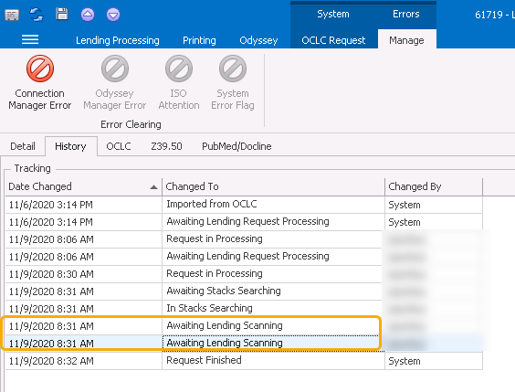Request form - Connection Manager Error - History tab showing duplicate Awaiting Lending Scanning entries
