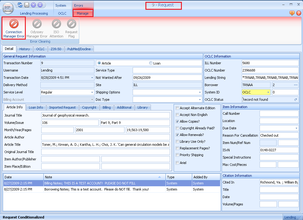 Request form - Connection Manager Error button highlighted in ribbon