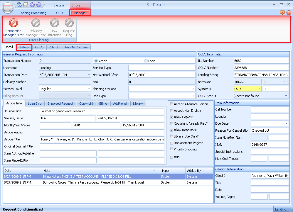 Request form - Manage Errors ribbon with Connection Manager Error highlighted