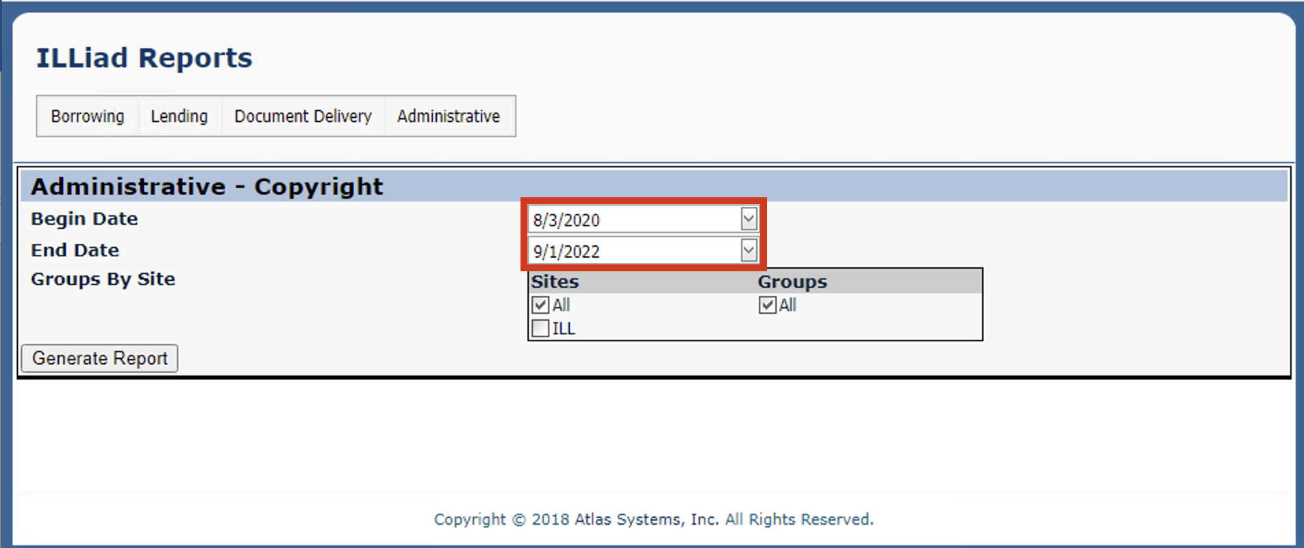 Administrative Copyright report - date range and site selection