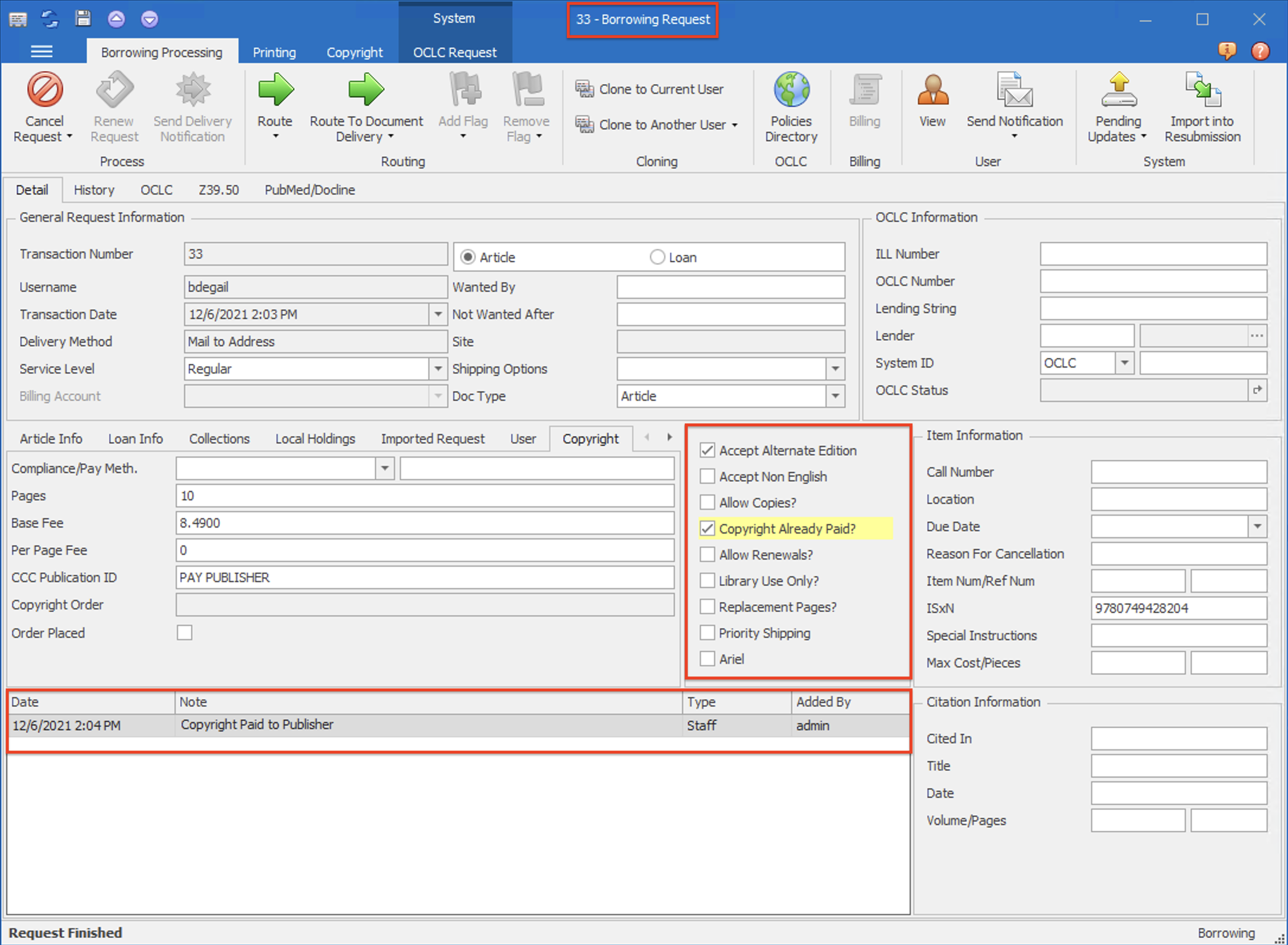 Borrowing Request - Copyright Already Paid checkbox and staff note highlighted