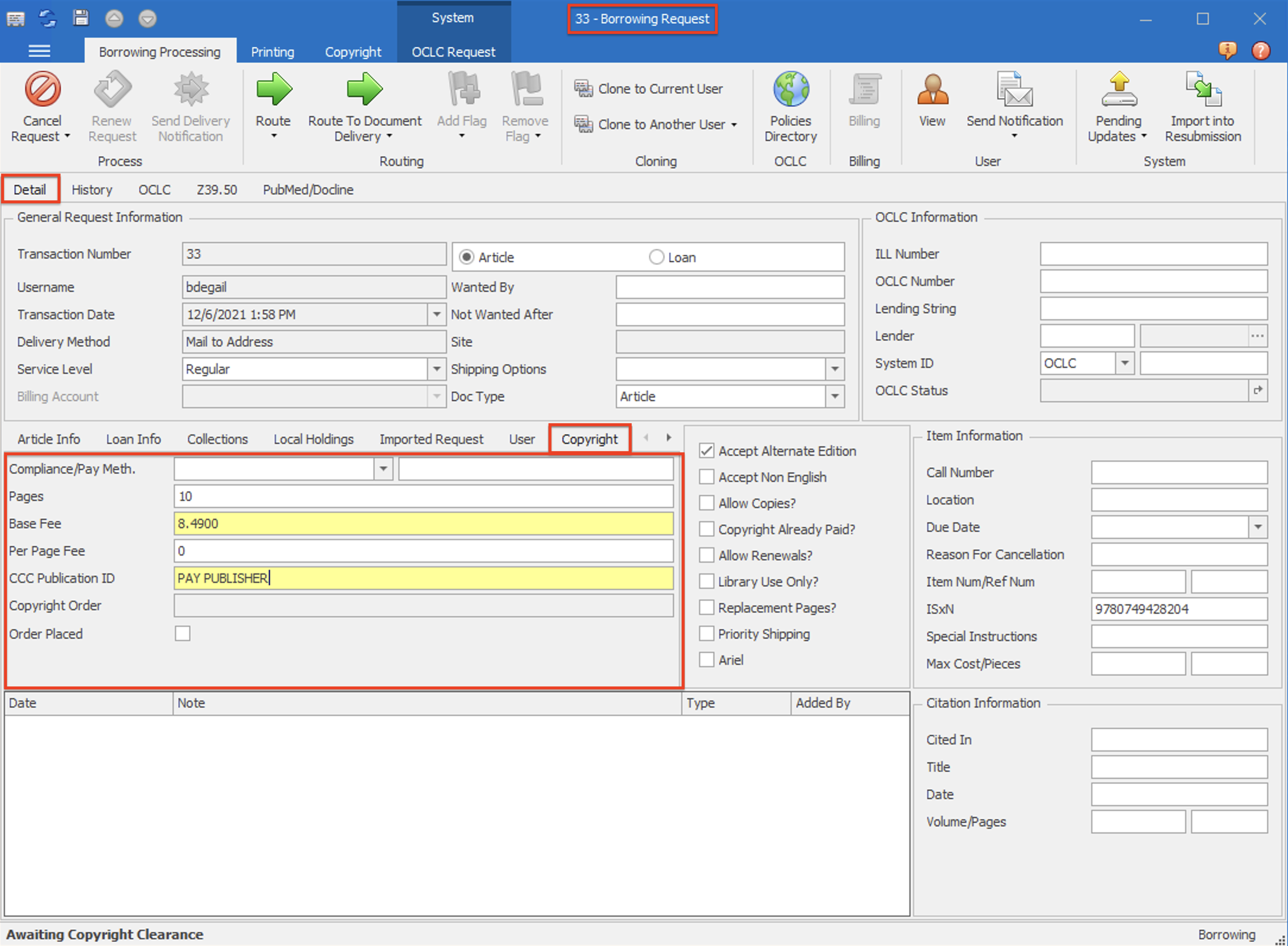 Borrowing Request - Copyright tab with fee fields and CCC Publication ID highlighted