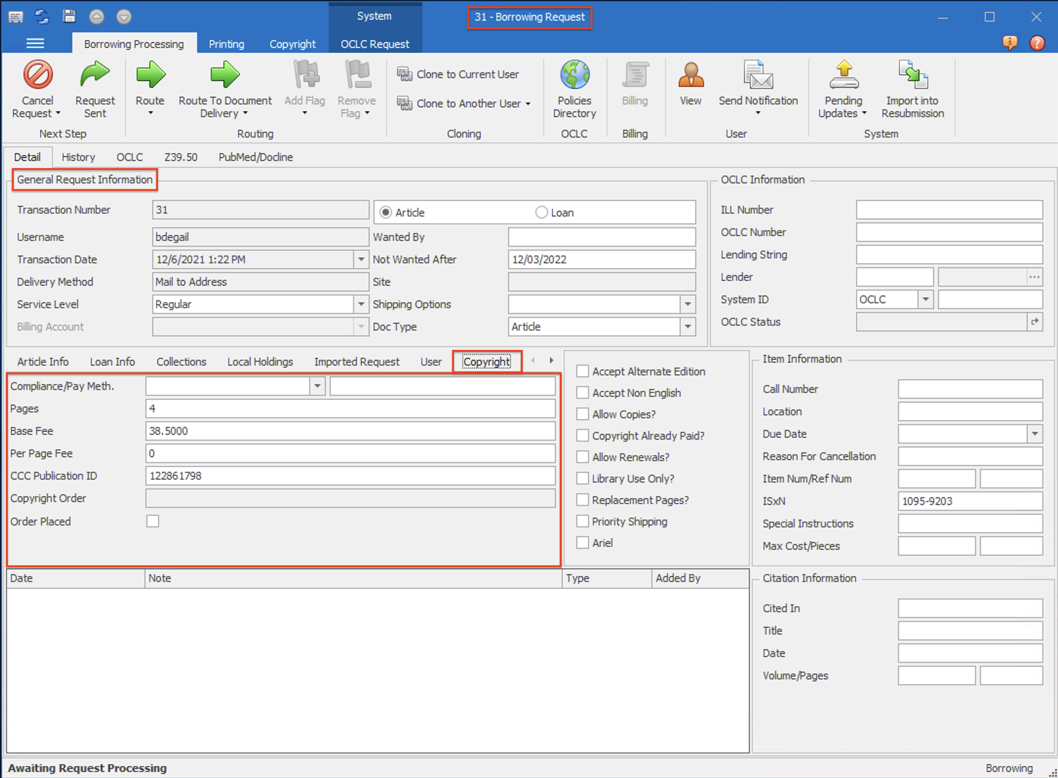 Borrowing Request form - Copyright tab with fee fields highlighted