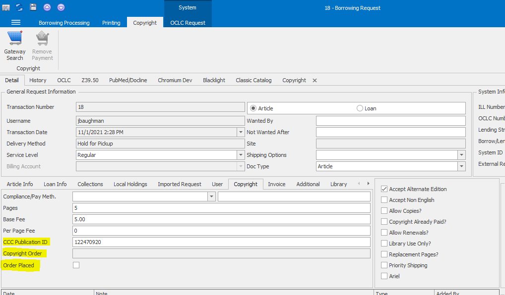 Borrowing Request form - Copyright tab with new fields highlighted