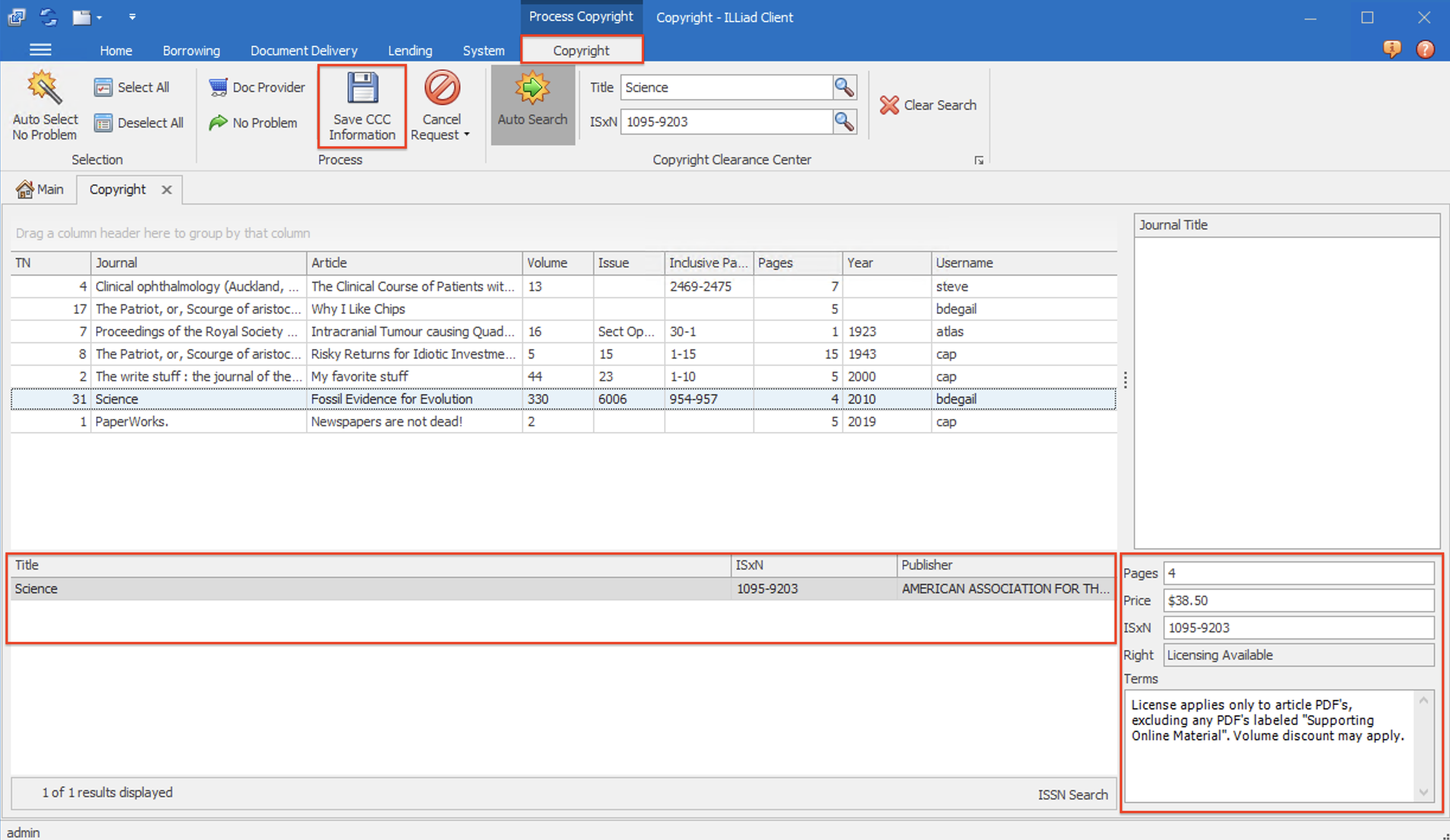 Copyright Clearance Workform - Save CCC Information button highlighted