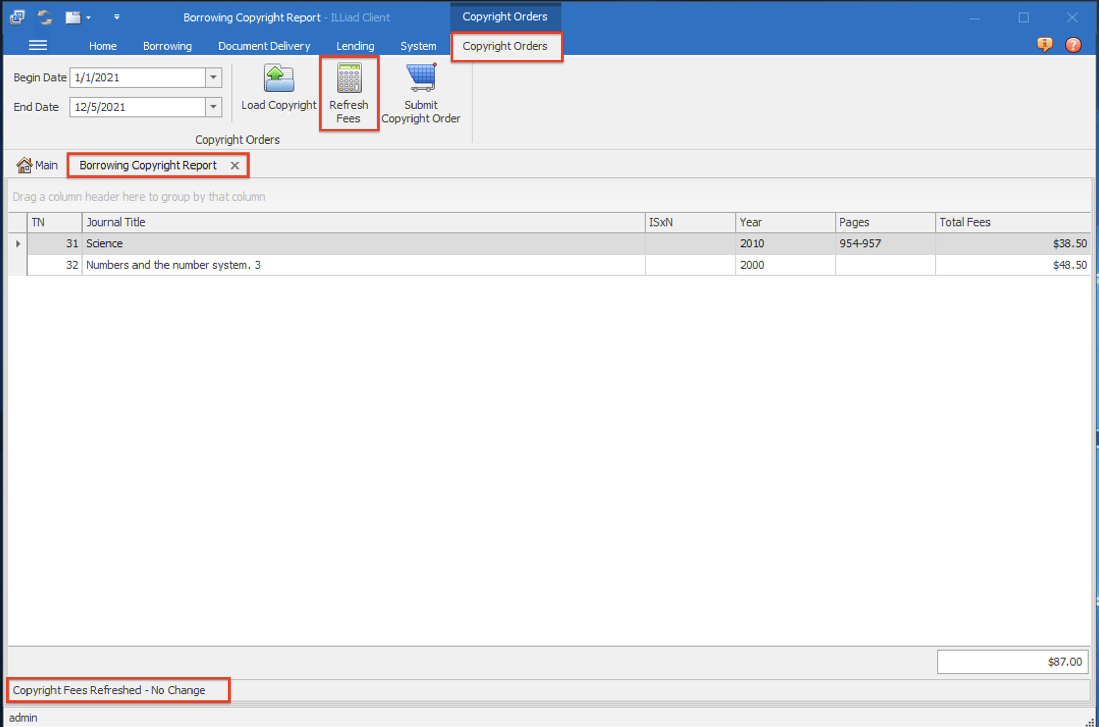 Copyright Orders form - Refresh Fees button and status message highlighted