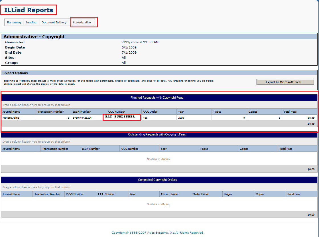 Copyright Web Report - Finished Requests with Copyright Fees section highlighted