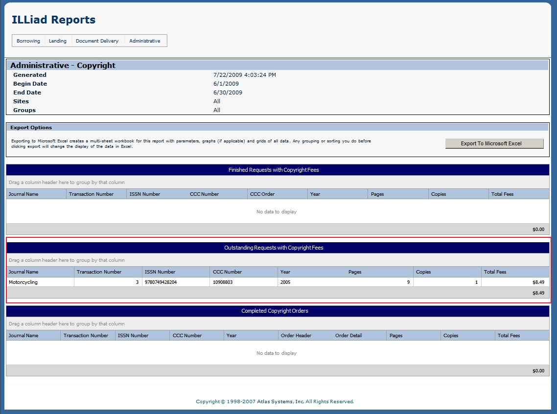 Copyright Web Report - Outstanding Requests with Copyright Fees section highlighted