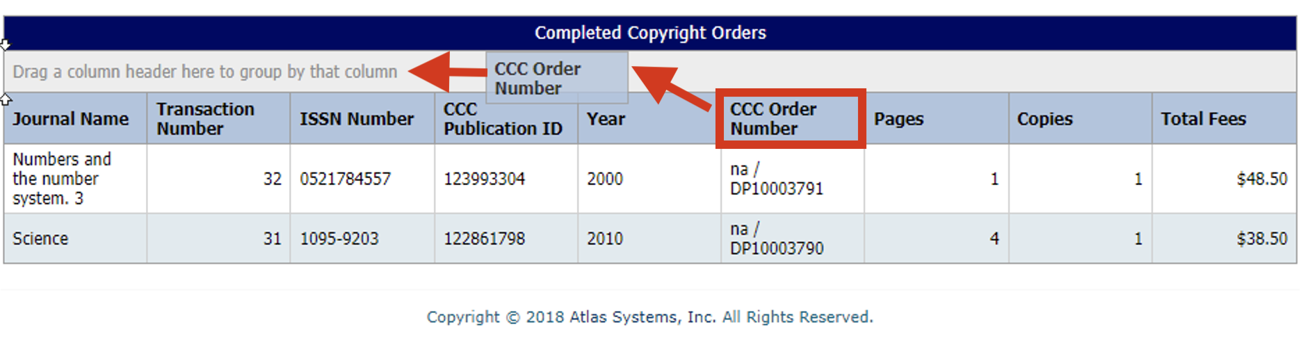Copyright report - dragging CCC Order Number column for grouping