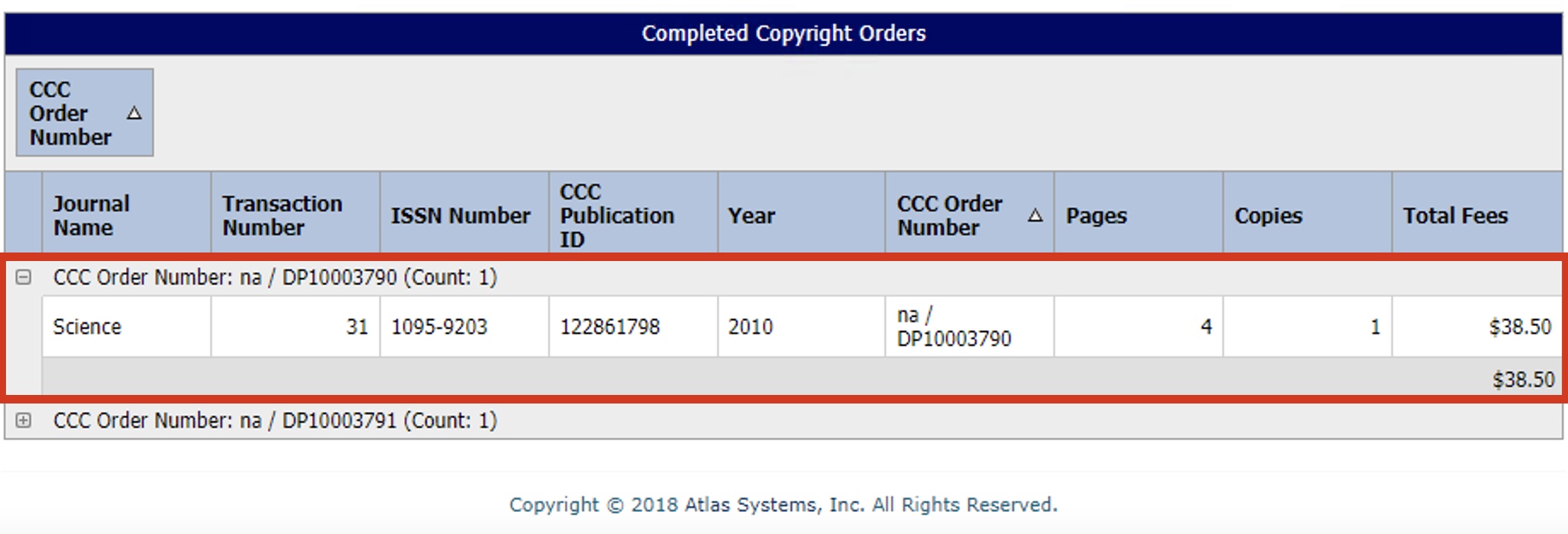 Copyright report - expanded order showing transaction details