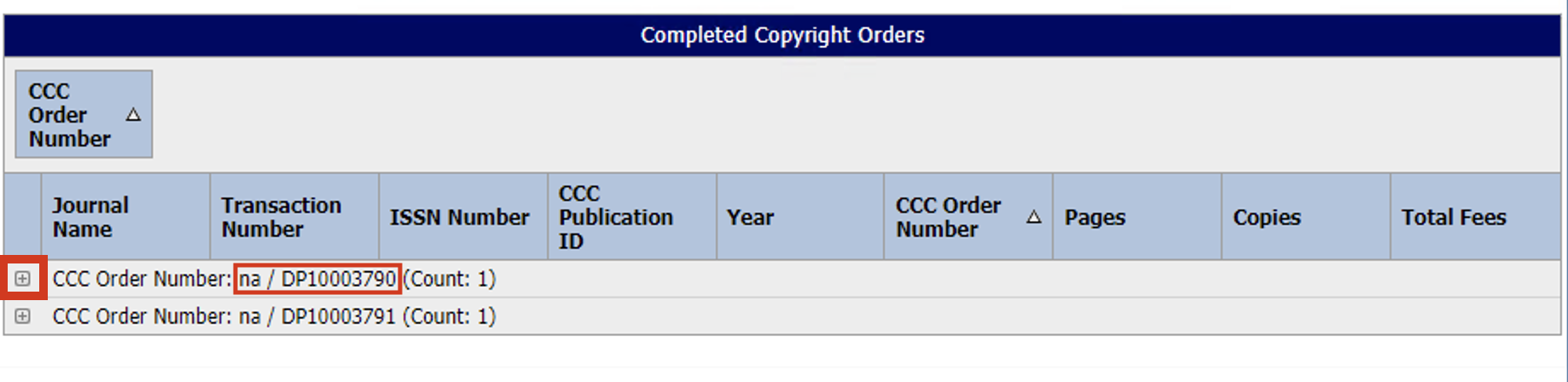 Copyright report - grouped by CCC Order Number with expand button