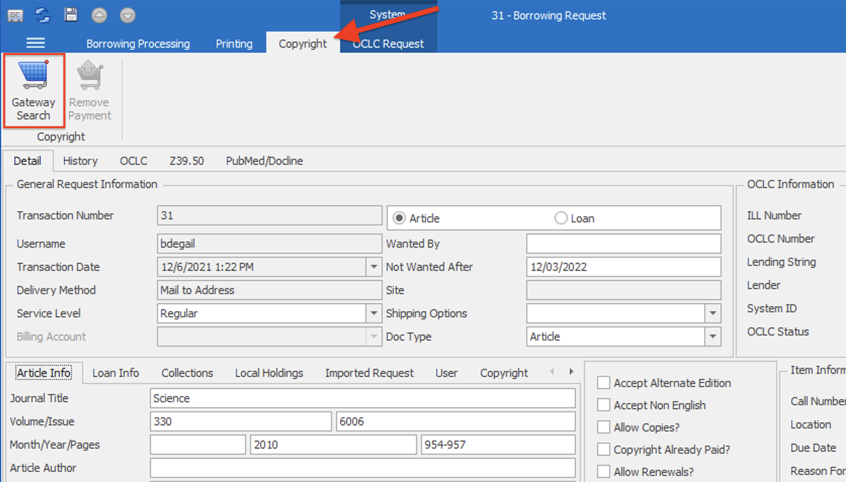 Copyright ribbon - Gateway Search button highlighted