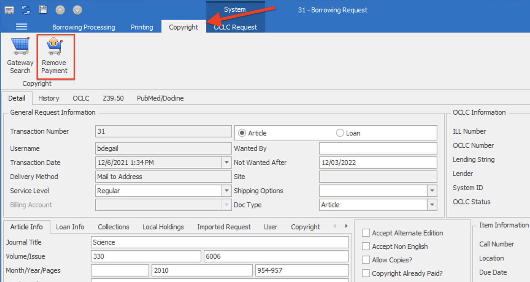 Copyright ribbon - Remove Payment button highlighted