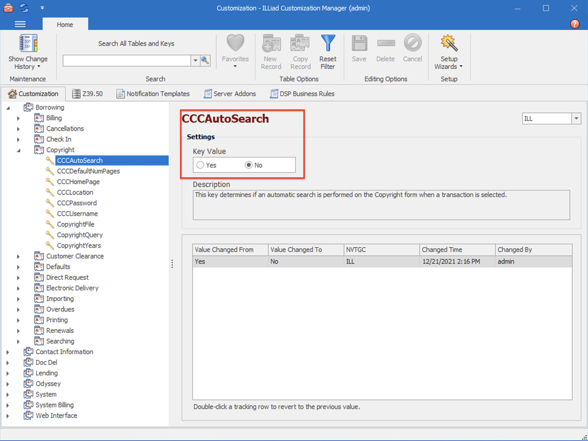 Customization Manager - CCCAutoSearch key set to No