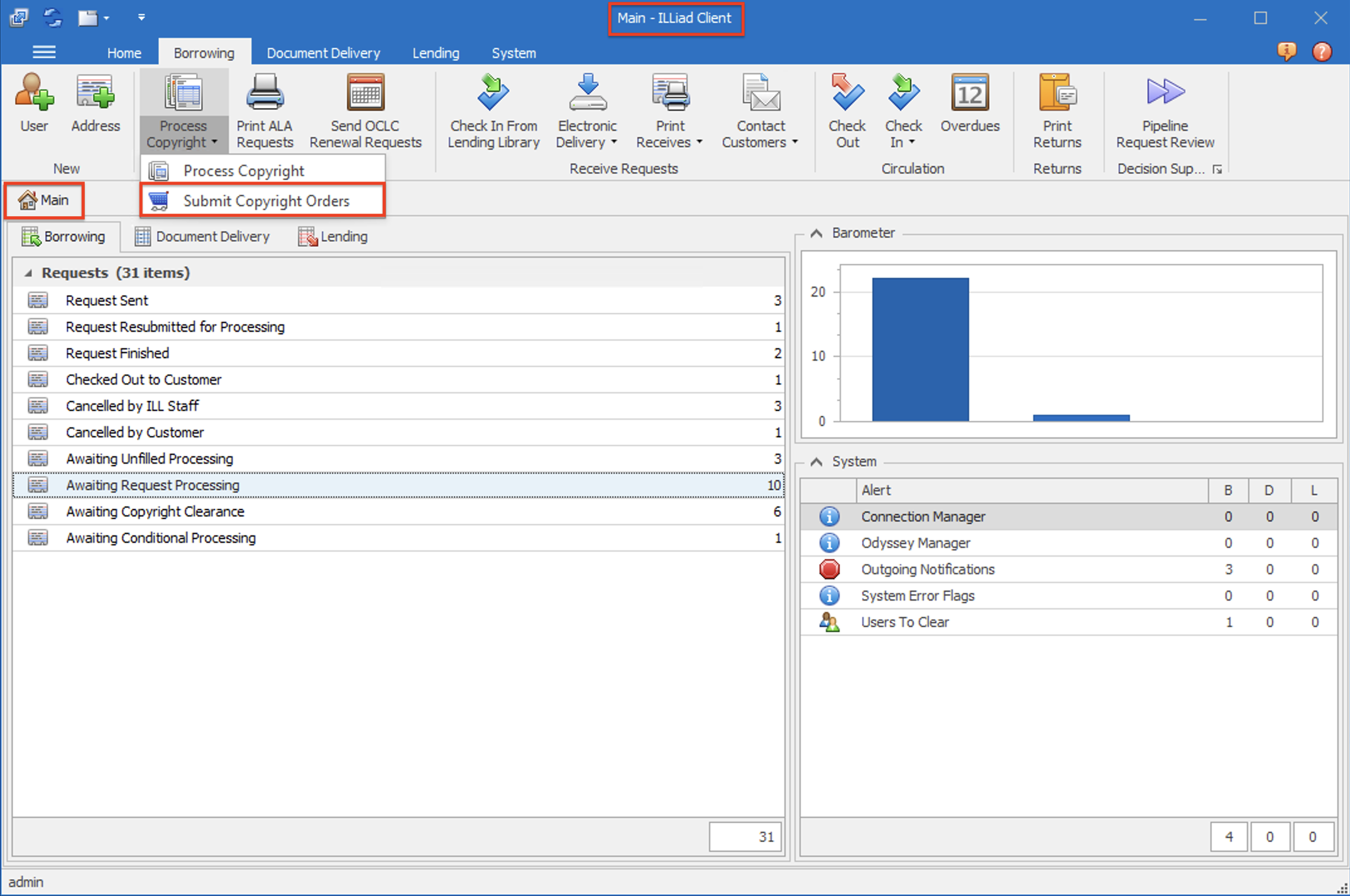 ILLiad Client - Process Copyright dropdown with Submit Copyright Orders option