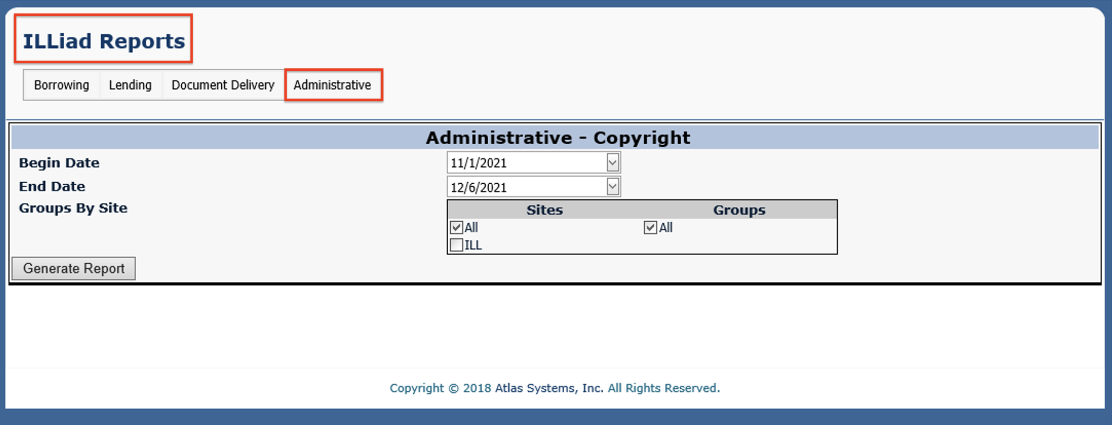 ILLiad Reports - Administrative Copyright report parameters