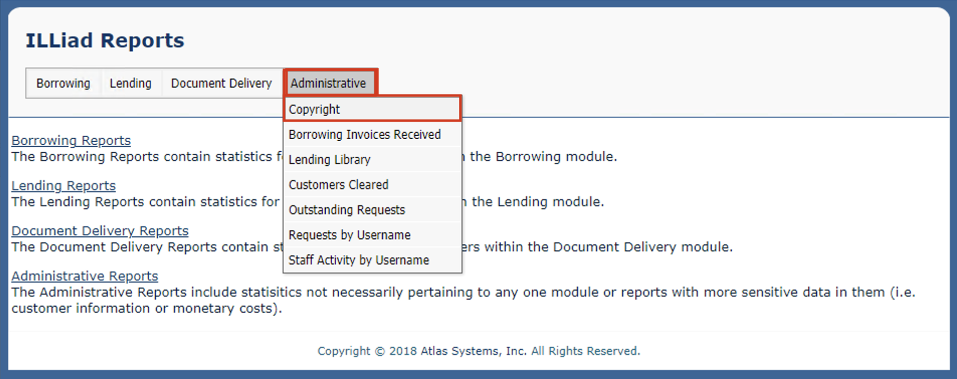ILLiad Reports - Administrative menu with Copyright option highlighted