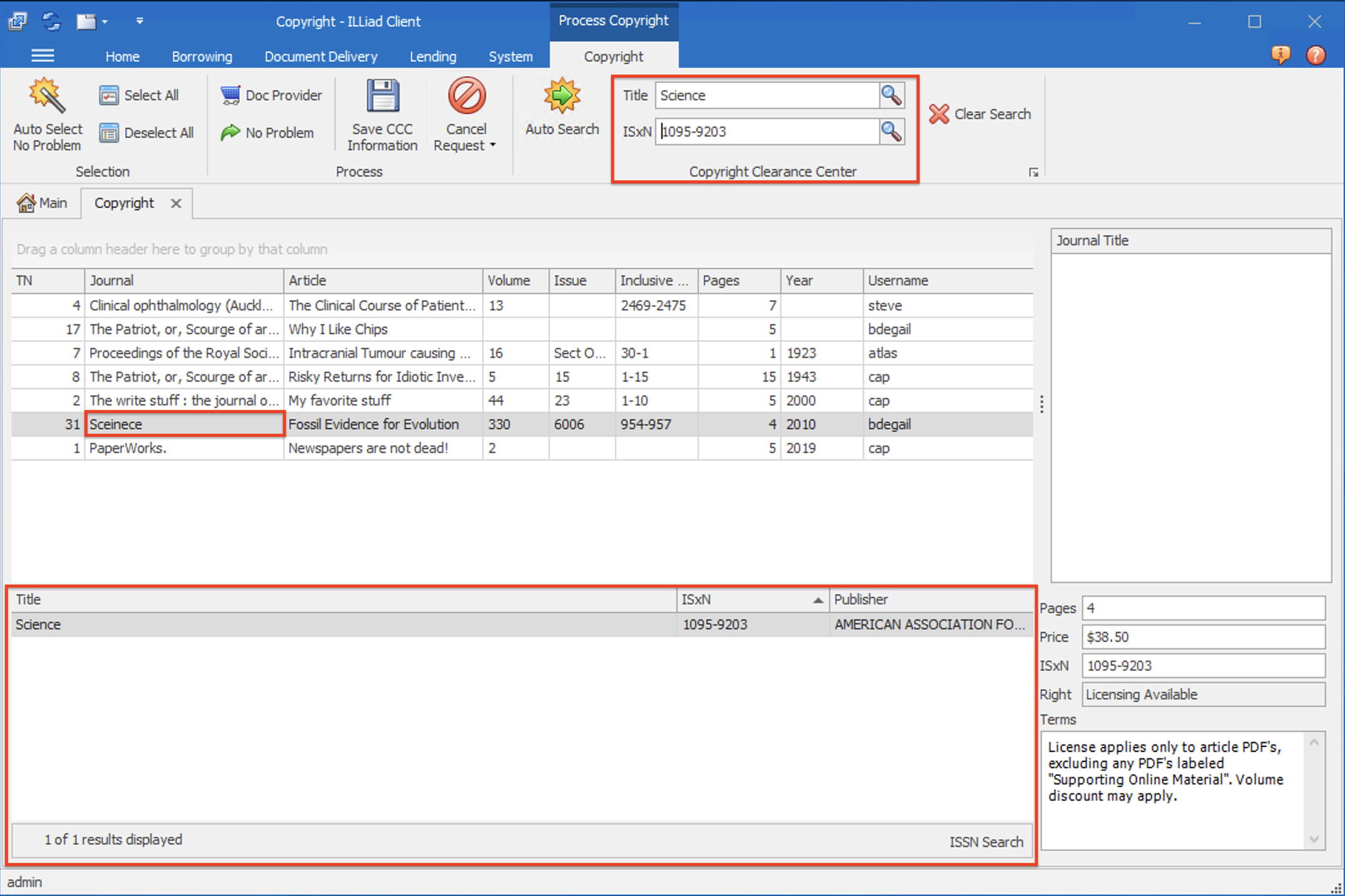 Process Copyright form - corrected ISSN search with results
