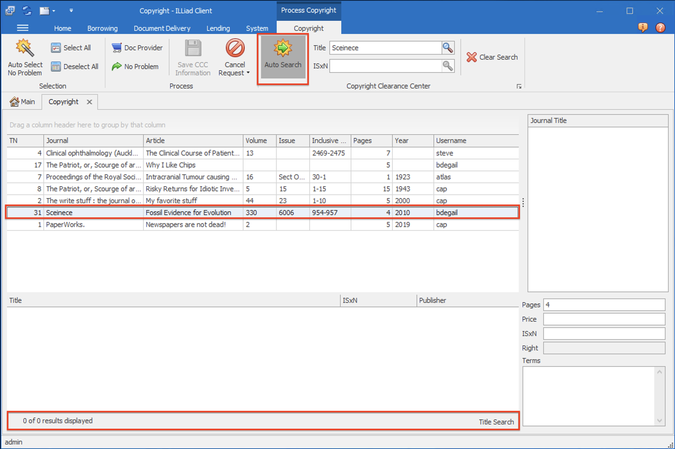 Process Copyright form - misspelled title with no results