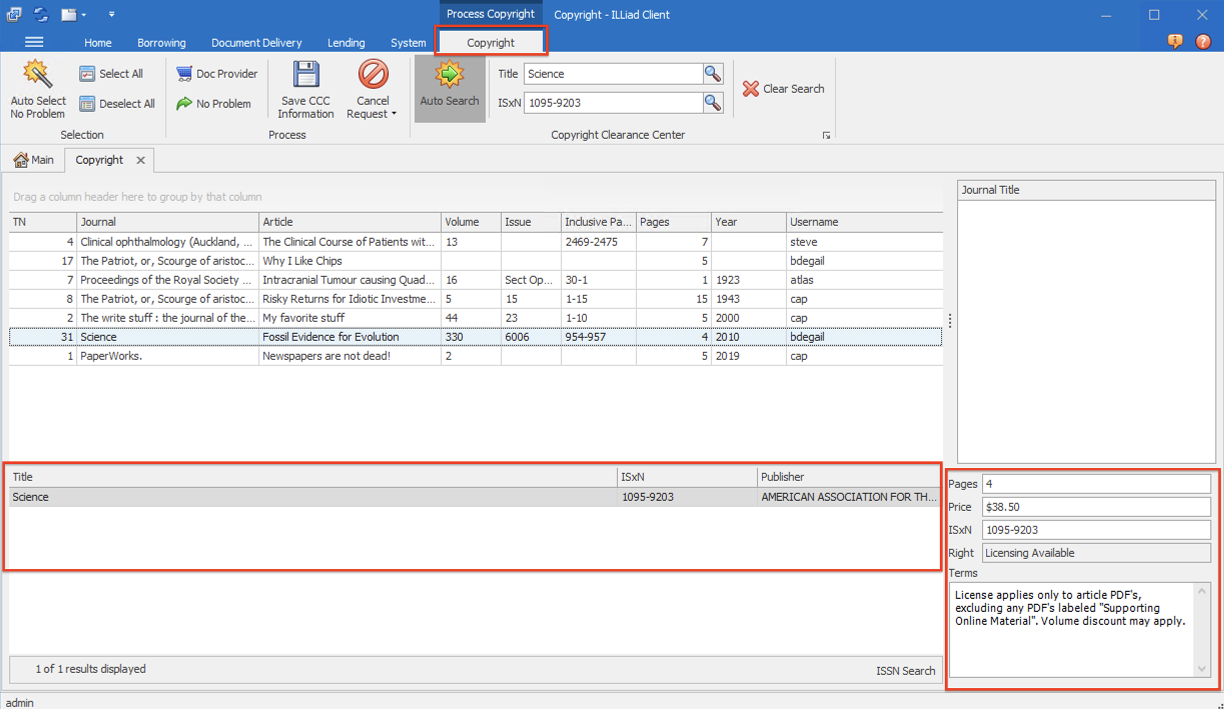 Process Copyright form - search results and fee information highlighted
