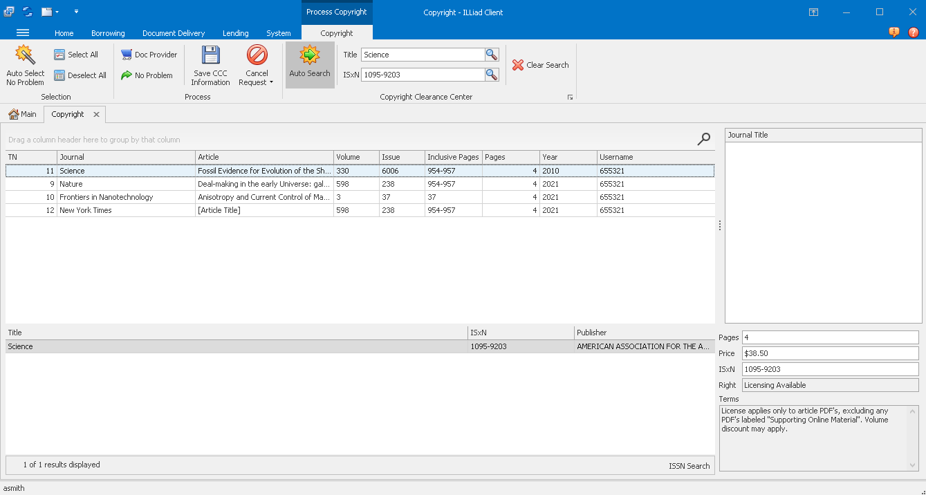 Process Copyright form - search results with Licensing Available status