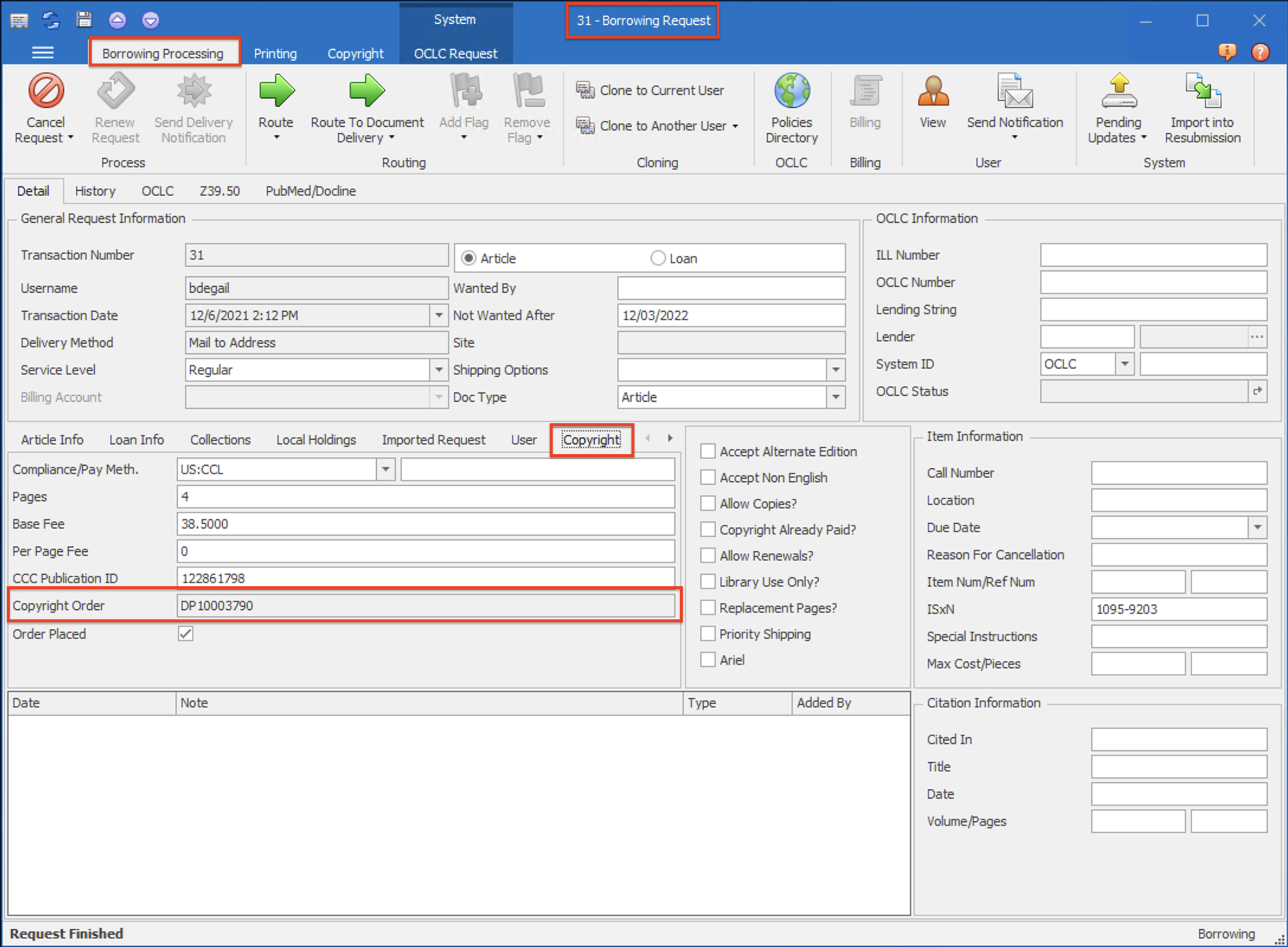 Request form - Copyright tab with Copyright Order field highlighted
