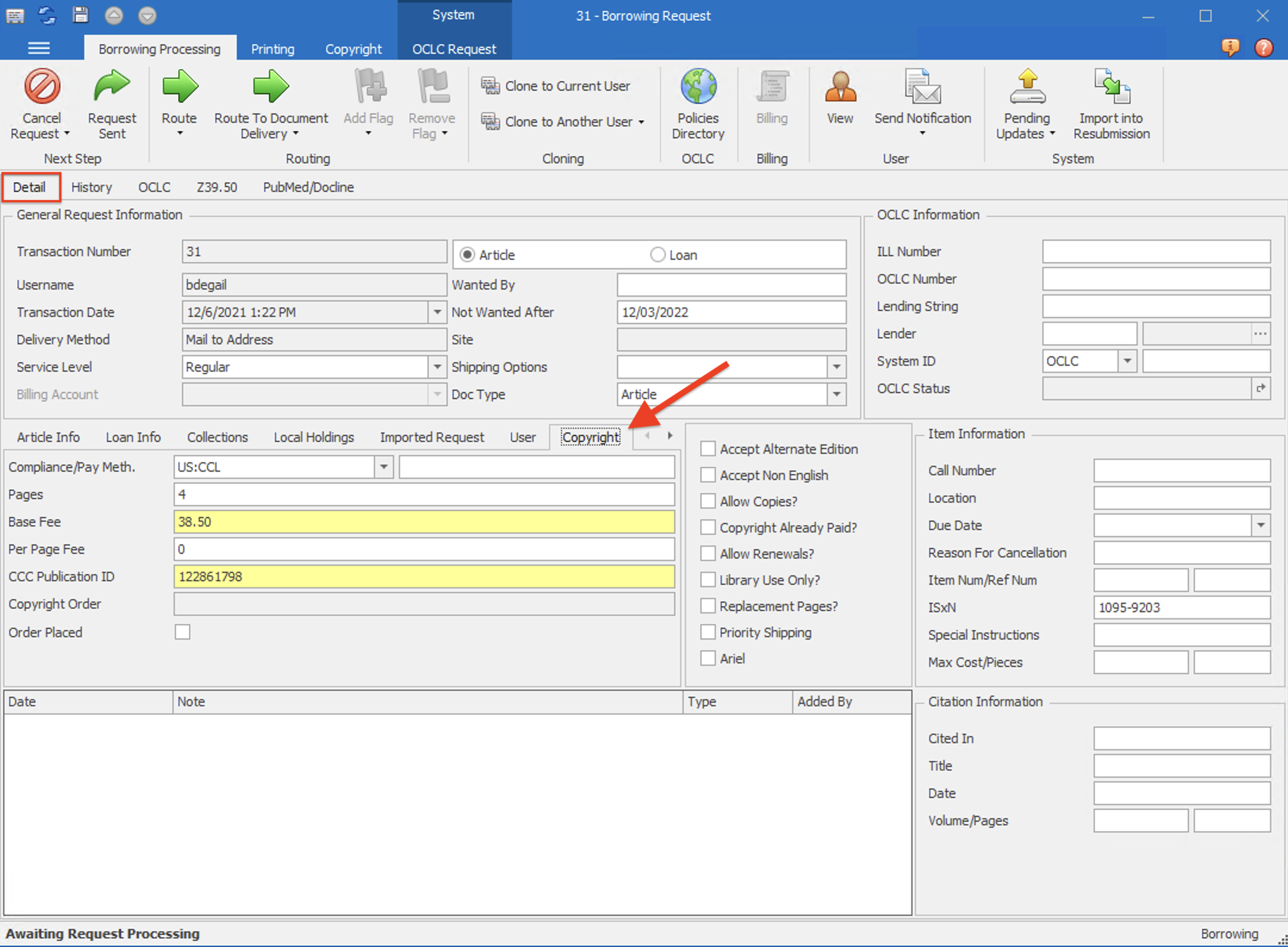 Request form - Detail tab Copyright sub-tab with fee fields highlighted